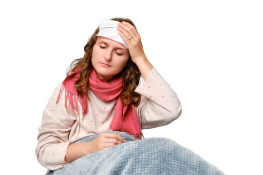 A sick woman applies a wet compress to her head, a hand with a napkin at her forehead, isolated on a white background. Adult ill woman with a red scarf, female aged 35 years