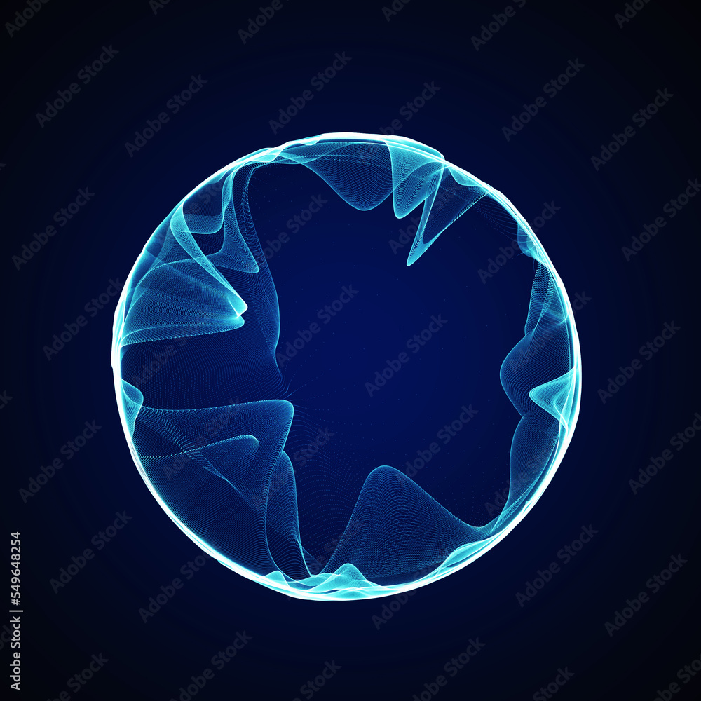 Poster spherical equalizer for music. round sound wave of particles. musical abstract blue background. 3d r
