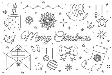 Christmas elements set. Drawing of New Year decorations. Merry Christmas design text. Isolated vector outline illustration.
