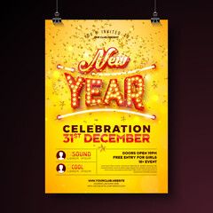 2023 New Year Party Poster Template Illustration with Glowing Neon Lights and Marquee Lettering on Yellow Background. Vector Holiday Celebration Premium Invitation Flyer or Promo Banner.