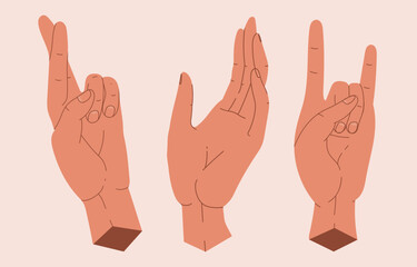 Hands collection with different poses in hand drawn style. Gestures, rock hello, crossed fingers