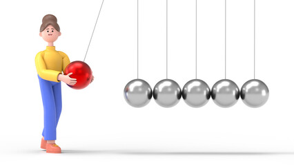 3D illustration of smiling woman Angela  playing with newton cradle.3D rendering on white background.
