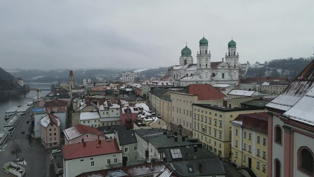 Passau aerial flight in winter time towards cathedral