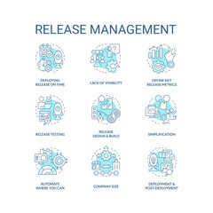 Release management turquoise concept icons set. Software development process idea thin line color illustrations. Isolated symbols. Editable stroke. Roboto-Medium, Myriad Pro-Bold fonts used