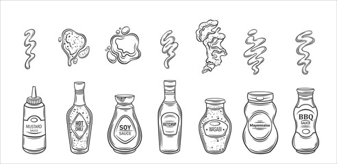 Sauces outline icons set vector illustration. Line hand drawing containers, bottles and splashes of tomato ketchup, mustard, mayonnaise and BBQ sauce for burger, stain of wasabi paste for sushi