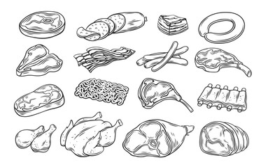 Meat products outline icons set vector illustration. Line hand drawn meat butchers menu collection with ham and smoked sausages, raw beef and pork steak, whole turkey and chicken for cooking