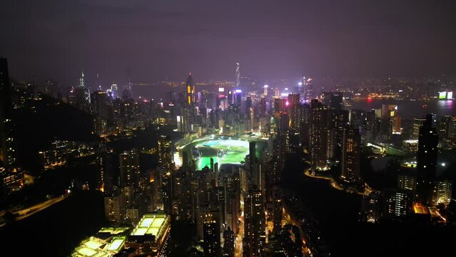 Happy Valley Racecourse and Recreation Ground, Hong Kong, aerial view in night