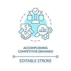 Accomplishing competitive demands turquoise concept icon. Release management kpi abstract idea thin line illustration. Isolated outline drawing. Editable stroke. Arial, Myriad Pro-Bold fonts used