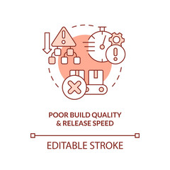 Poor build quality and output speed red concept icon. Release management issue abstract idea thin line illustration. Isolated outline drawing. Editable stroke. Arial, Myriad Pro-Bold fonts used
