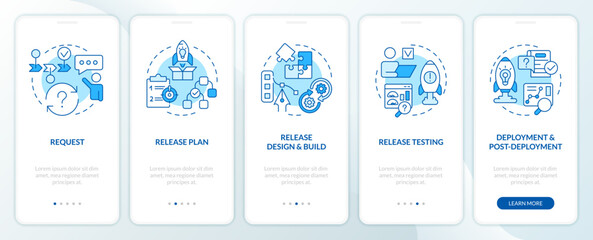 Release management strategy blue onboarding mobile app screen. Walkthrough 5 steps editable graphic instructions with linear concepts. UI, UX, GUI template. Myriad Pro-Bold, Regular fonts used