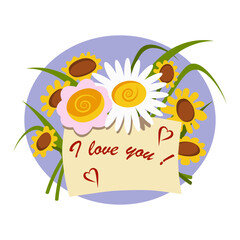 A postcard with flowers of daisies and with a confession - I love you! Vector hand-drawn illustration