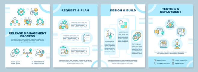 Release management process blue brochure template. Leaflet design with linear icons. Editable 4 vector layouts for presentation, annual reports. Arial-Black, Myriad Pro-Regular fonts used