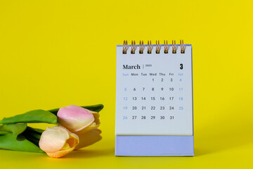 Fototapeta na wymiar March 2023. Monthly calendar for 2023 on a yellow background.