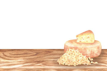 Cheese lies on the table. Head, piece and pile of grated cheese. Place for inscription or text. Watercolor illustration. Isolated on a white background. For design of dairy products, recipes