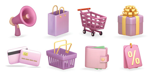 shopping 3d illustration realistic vector icon set. Basket, gift, megaphone, credit card, discount label, shopping cart soft lilac 3d icon