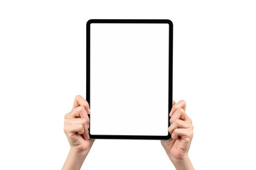Hand holding digital tablet with blank screen, mockup for application mobile, PNG transparent.