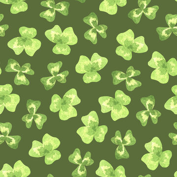 Seamless pattern with three-leaf clover. St.Patrick 's Day. Watercolor illustration. Isolated on a green background.For design fabrics, wallpaper, wrapping gift paper, and decorations for the holiday