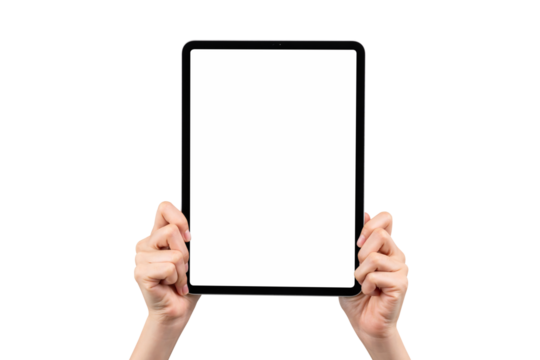 Hand holding digital tablet with blank screen, mockup for application mobile, PNG transparent.