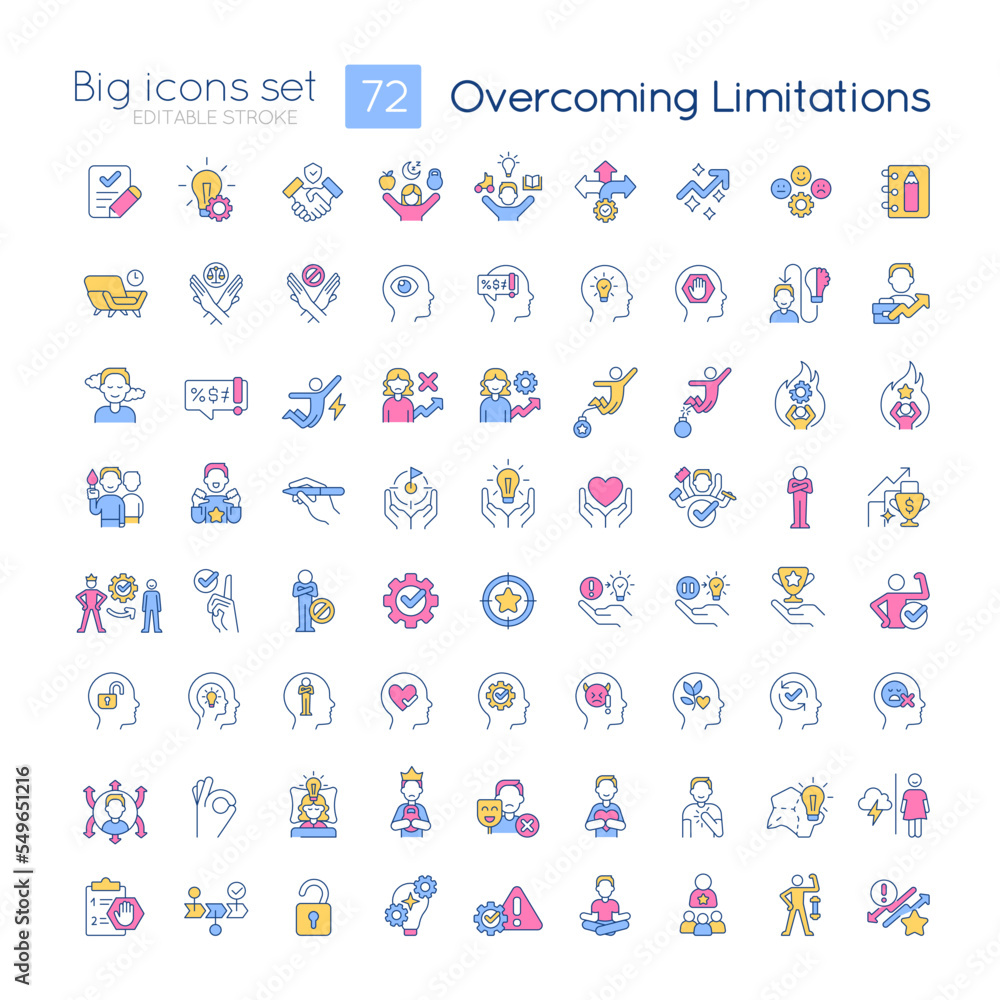 Poster overcoming limitations rgb color big icons set. removing hidden barriers. self growth. isolated vect