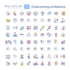 Overcoming limitations RGB color big icons set. Removing hidden barriers. Self growth. Isolated vector illustrations. Simple filled line drawings collection. Editable stroke. Quicksand-Light font used