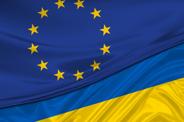 Flags of Ukraine and Europe Union. International relationships.