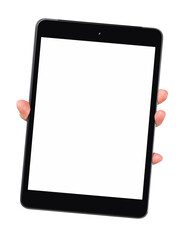 Hand holding digital tablet with blank screen, mockup for application mobile, PNG transparent.