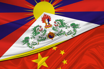 Flags of China and Tibet. International relationships.