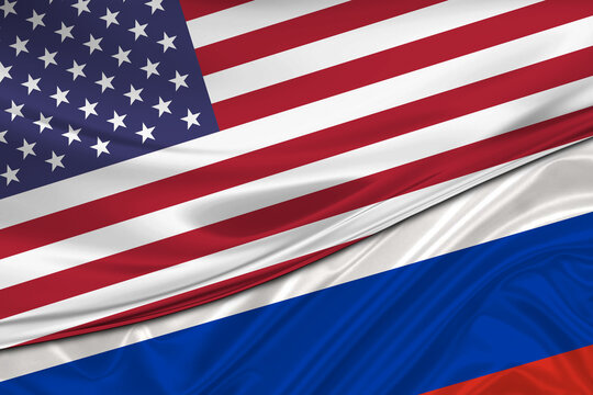 Flags of Russia and USA. International relationships.