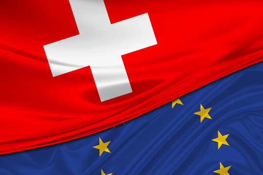 Flags of Switzerland and Europe Union. International relationships.