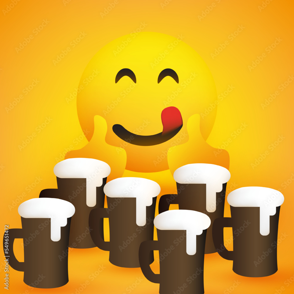Poster smiling, mouth licking emoji showing thumbs up - simple happy emoticon for web and instant messaging