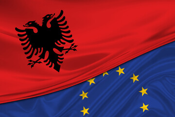 Flags of Albania and Europe Union. International relationships.