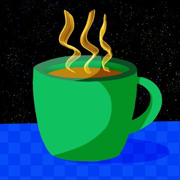 Green cup of hot coffee on top of a blue table