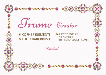Frame creator with corner elements, round jewelry motifs, pattern chain brush. Easy to modify to various size of frame. Silver, gold elements with pink gems. White background. Vintage style.
