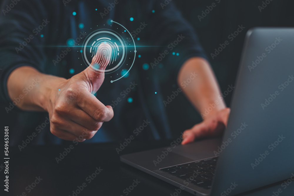 Aufkleber futuristic digital processing of biometric identification fingerprint scanner. concept of surveillan