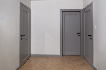Modern Front door made of wood. Frontal view to the wooden door in home interior room with wooden...
