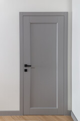 Modern Front door made of wood. Frontal view to the wooden door in home interior room with wooden floors and grey walls.