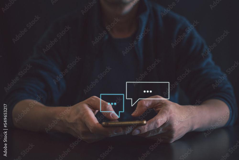 Poster hand using smartphone typing live chat chatting and social network concepts, chatting conversation w
