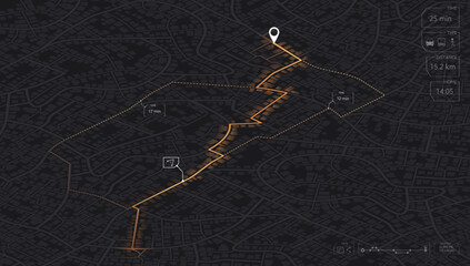 Gps map navigation to own house. View from above the map buildings. Detailed view of city. Decorative graphic tourist map City top view. Abstract background. Flat style, Vector, illustration isolated.