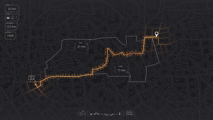 Gps map navigation to own house. View from above the map buildings. Detailed view of city. Decorative graphic tourist map City top view. Abstract background. Flat style, Vector, illustration isolated.