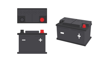 3D black car accumulator on white background. Top and front view of car battery. Vector illustration
