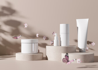 Group of white and blank, unbranded cosmetic cream jars and tubes on brown background with flying flowers. Skin care product presentation. Elegant mockup. Beauty and spa. Spring, blossom. 3D render.