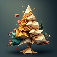 Origami style stylized Christmas tree, multidimensional paper cut craft - obrazy, fototapety, plakaty