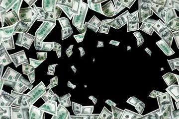 Fotobehang Money stack. Hundred dollars of America. Falling money isolated, us bill black background. © Maksym