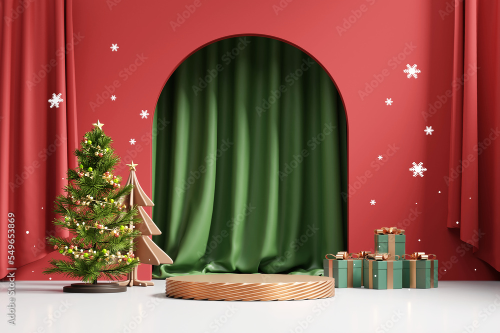 Poster merry christmas event product display podium with decoration background 3d rendering