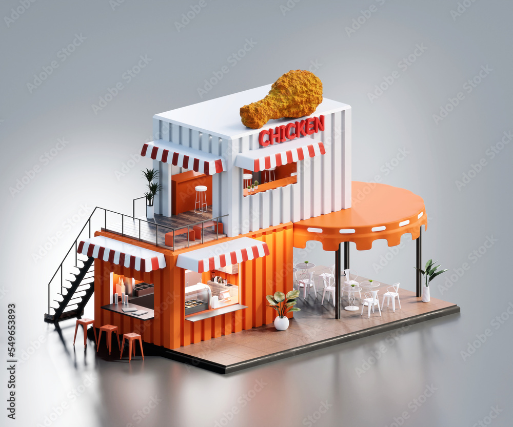 Poster isometric view minimal fried chicken restaurant container store exterior architecture, 3d rendering 