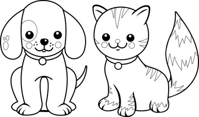 Cartoon dog and a cat. Vector black and white coloring page.