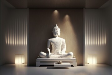 white buddha in luxury room. LED light built in, minimalist, 3D rendering