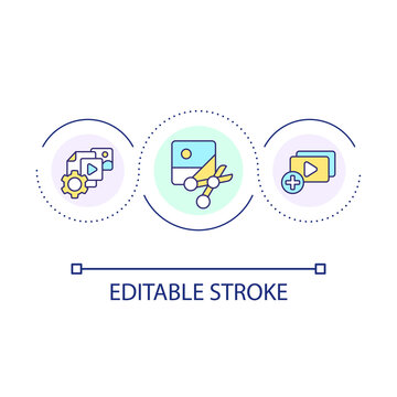 Multimedia editing tools loop concept icon. Software to create digital content. Social media abstract idea thin line illustration. Isolated outline drawing. Editable stroke. Arial font used