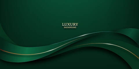 Luxury green ribbon 3d style and gold line elements with light effect. vector illustration