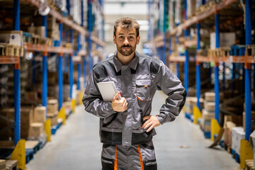 Portrait of a young wearhoouse worker walking accross wearhouse streets